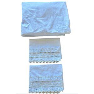VTG Wamsutta Super Percale Plus Blue Eyelet Fitted Sheet 2 Standard Pillowcases
